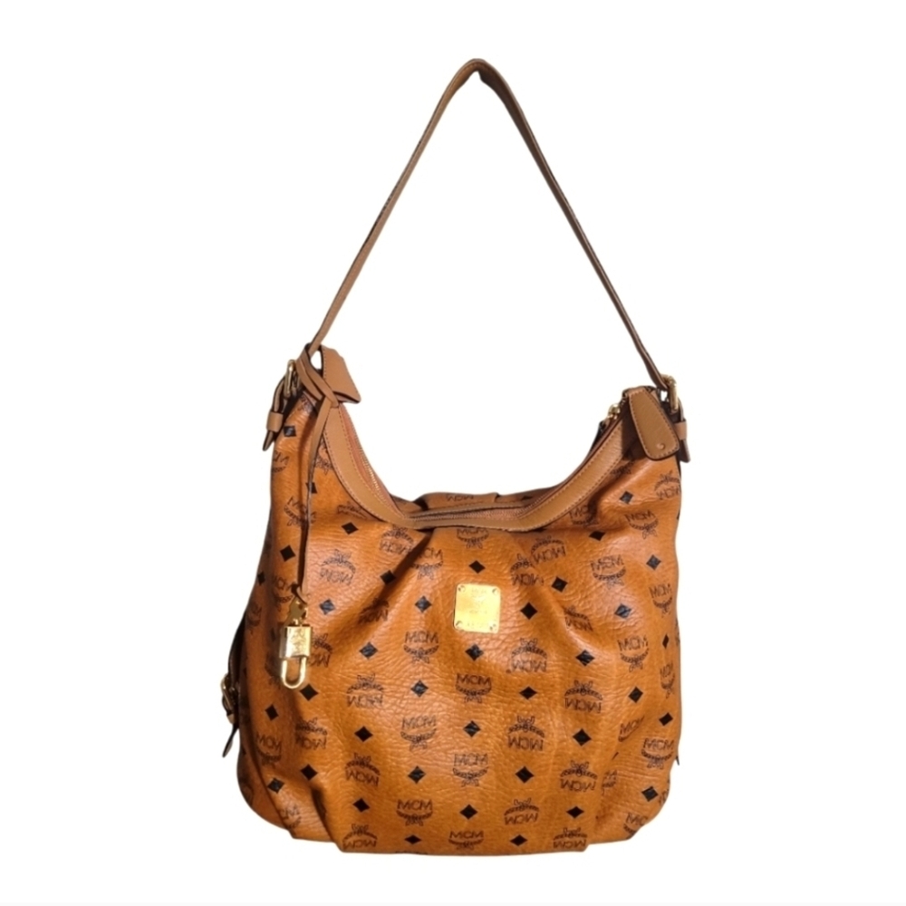 LN MCM XL Tan Shoulder Bag with Signature Logo Pattern